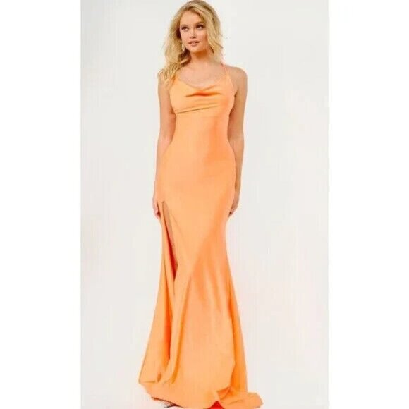 JVN By Jovani Orange High Slit Cowl Neckline Strappy Back Dress - Picture 3 of 4